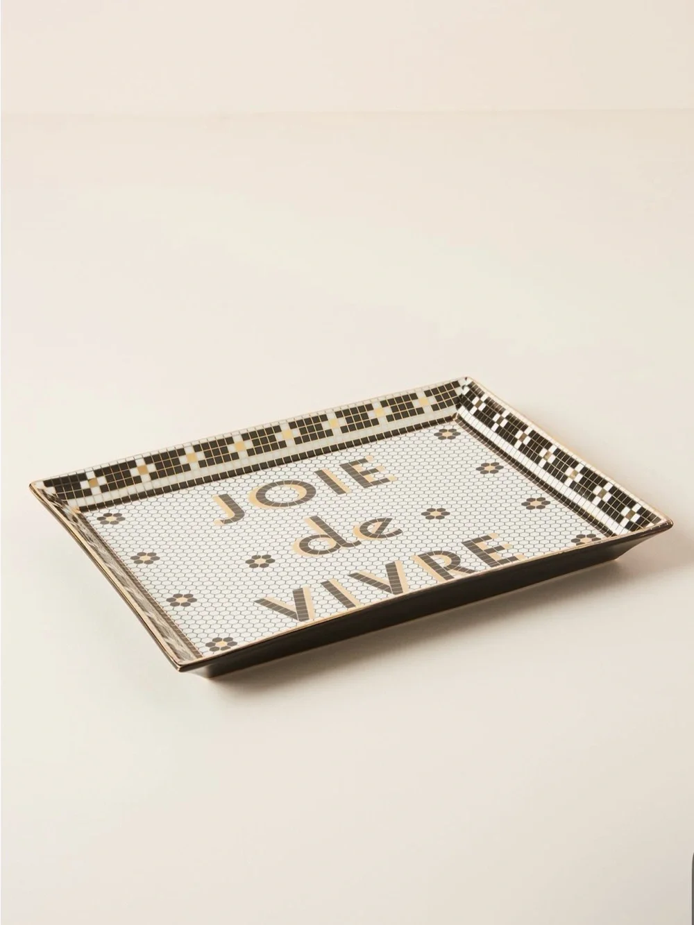 Anthropologie Bistro Tile Stoneware 24k Gold Accent Tray, JOIE de VIVRE